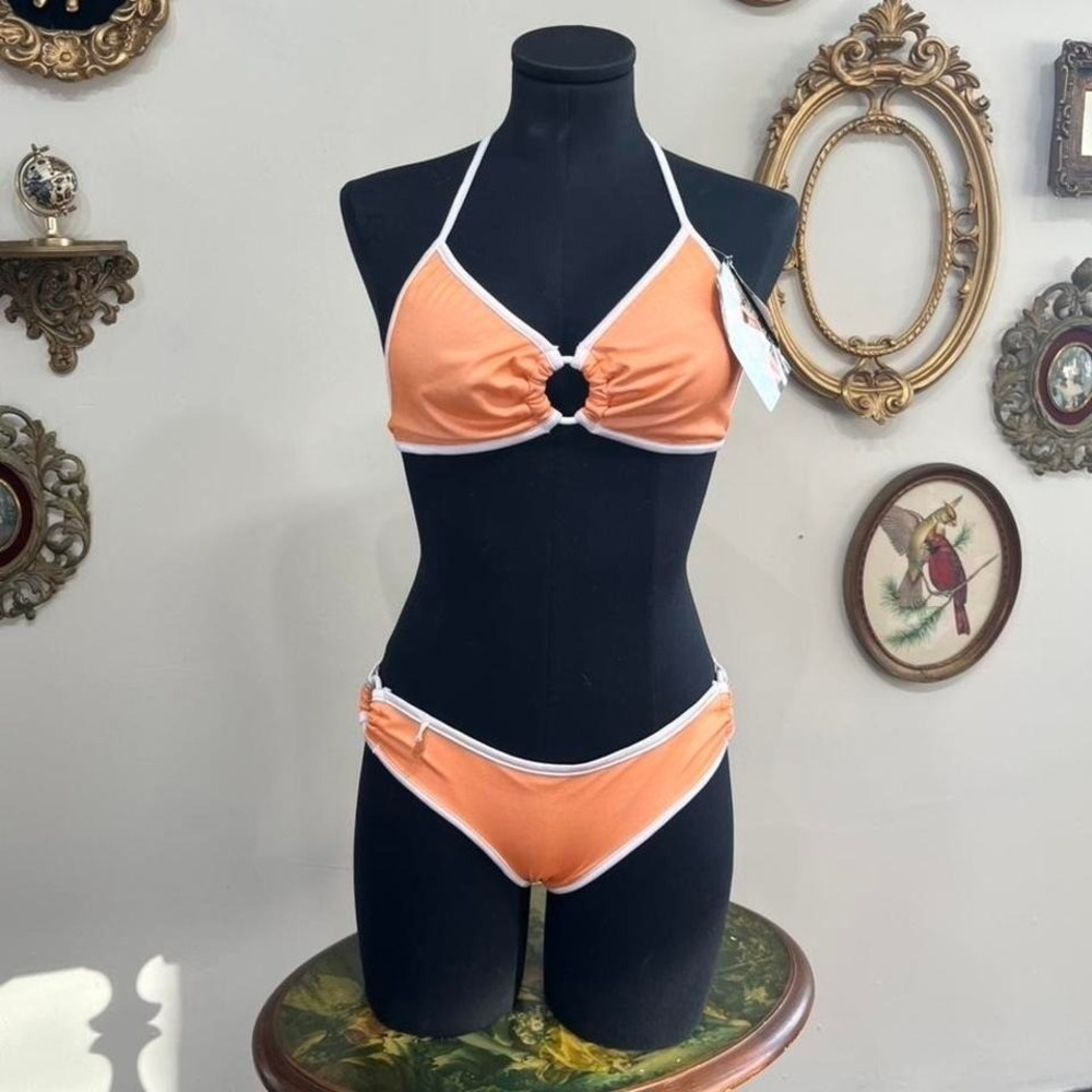 Vintage Y2K Coquette Orange & White Ring Bikini Lingerie Set Size M